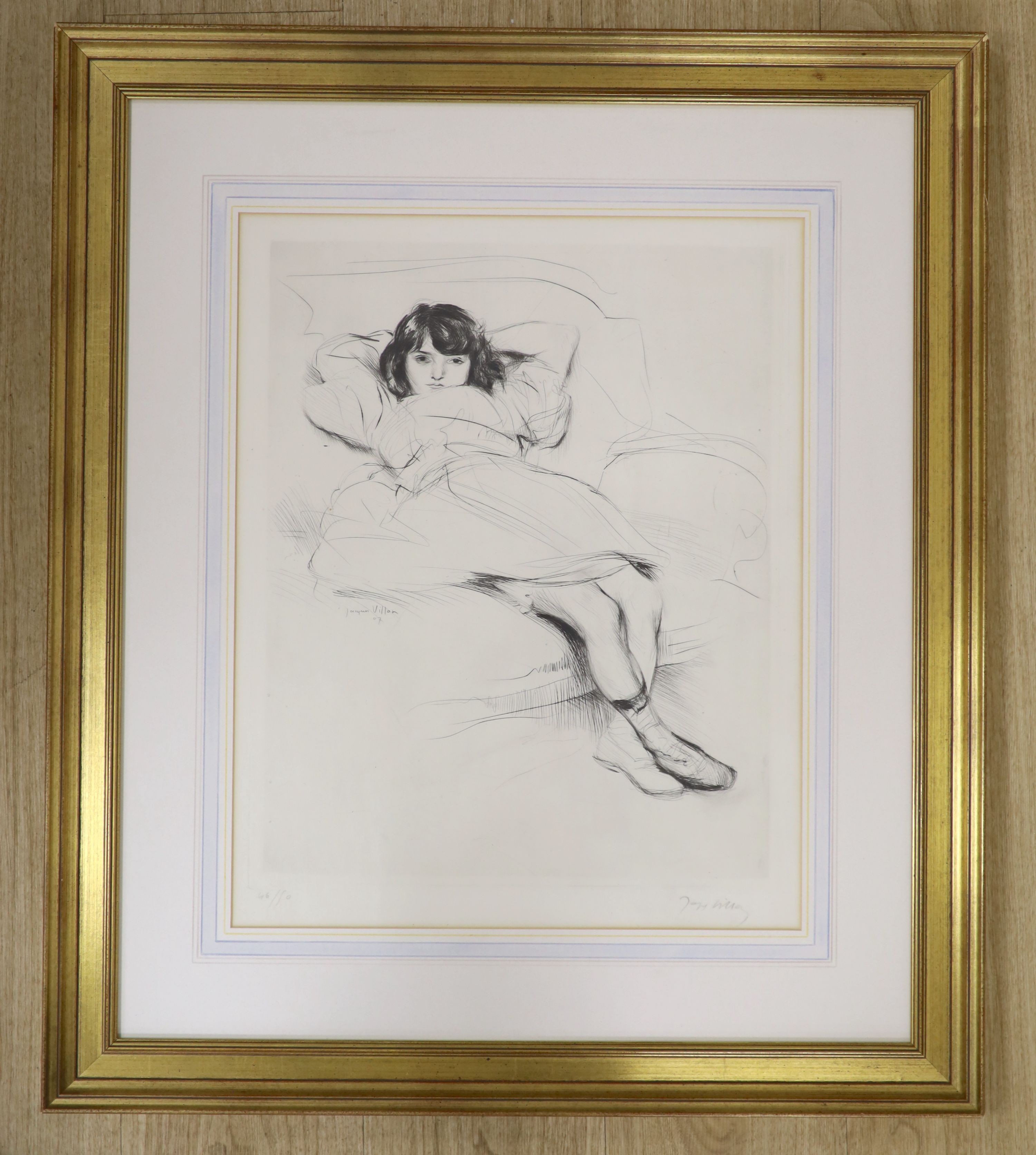 Jacques Villon (1875-1963), drypoint etching, Girl reclining on a sofa, signed, 46/50, 48 x 37cm